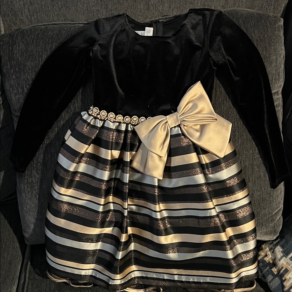 Bonnie Jean Black and Gold Striped Formal Dress